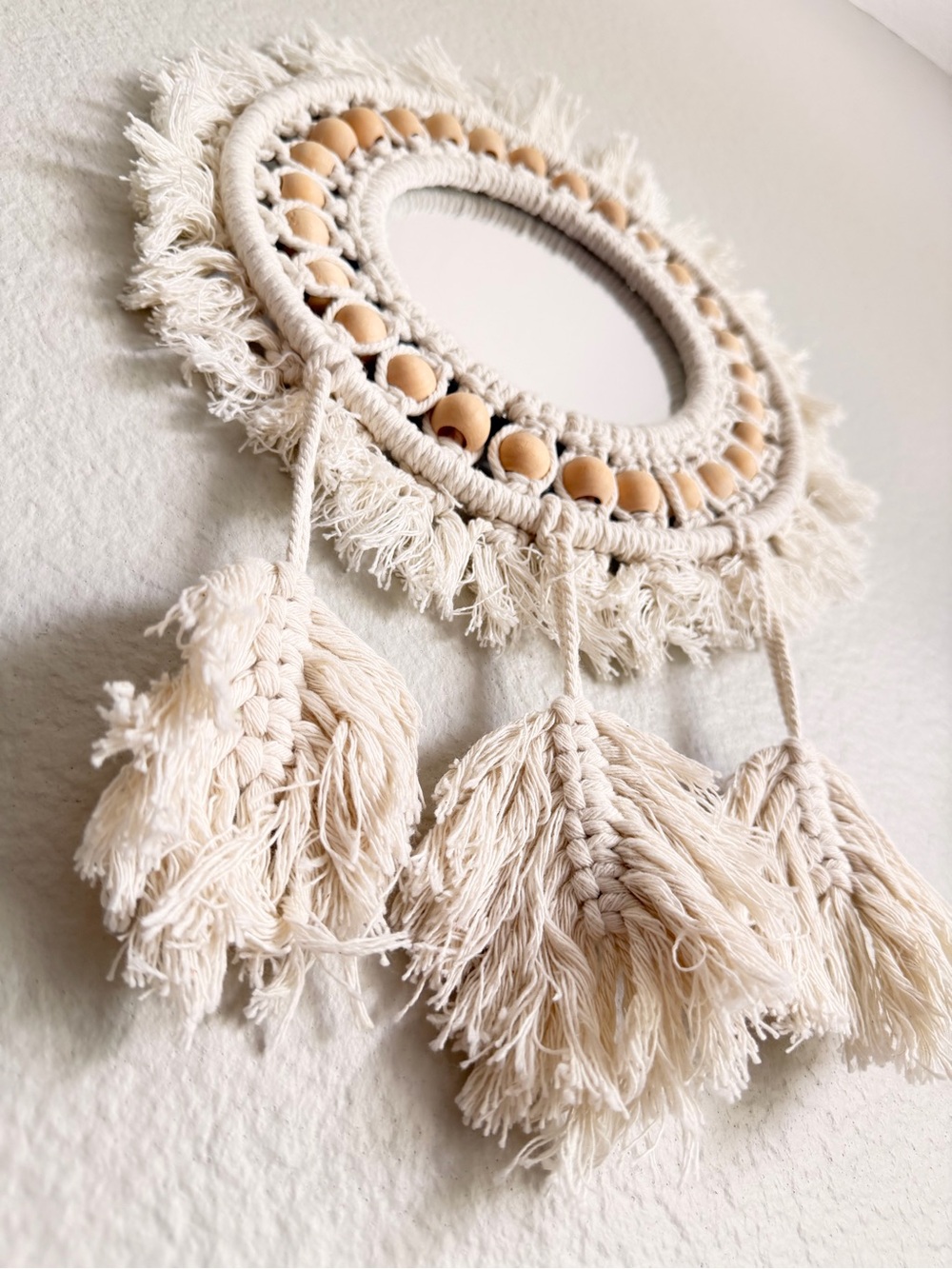 Boho Macramé Wall Mirror with Wood Beads - Cream